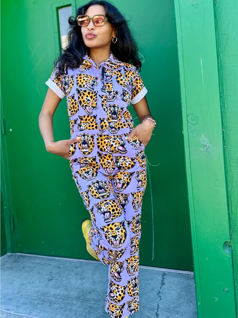 Nooworks Lilac will Jumpsuit with Yellow cheetah head print - Picture 3 of 7